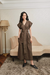 Linen Midi Dress with Wrap Bodice, Waist Tie and Oversized Pockets for Effortless Everyday Style